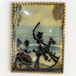 Vintage Reverse Hand Painted Silhouette Bubble Convex Glass Pirate Boy Girl Flag